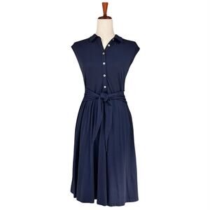 BODEN Althea Jersey Belted Cap-Sleeve Shirt Dress in Navy Blue Size 4P Petite